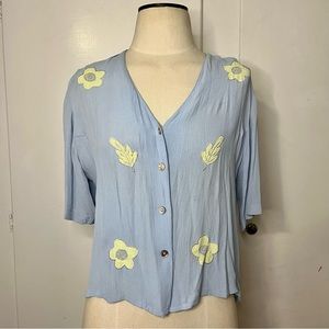 Vintage 90s Blue Yellow Graphic Floral Embroidered Rayon Cropped Blouse